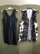 A SKIN TONES SHORT LEATHER BLACK DRESS SIZE 10, TOGETHER WITH A TOM GILBEY SAVILE ROW ANIMAL PRINT