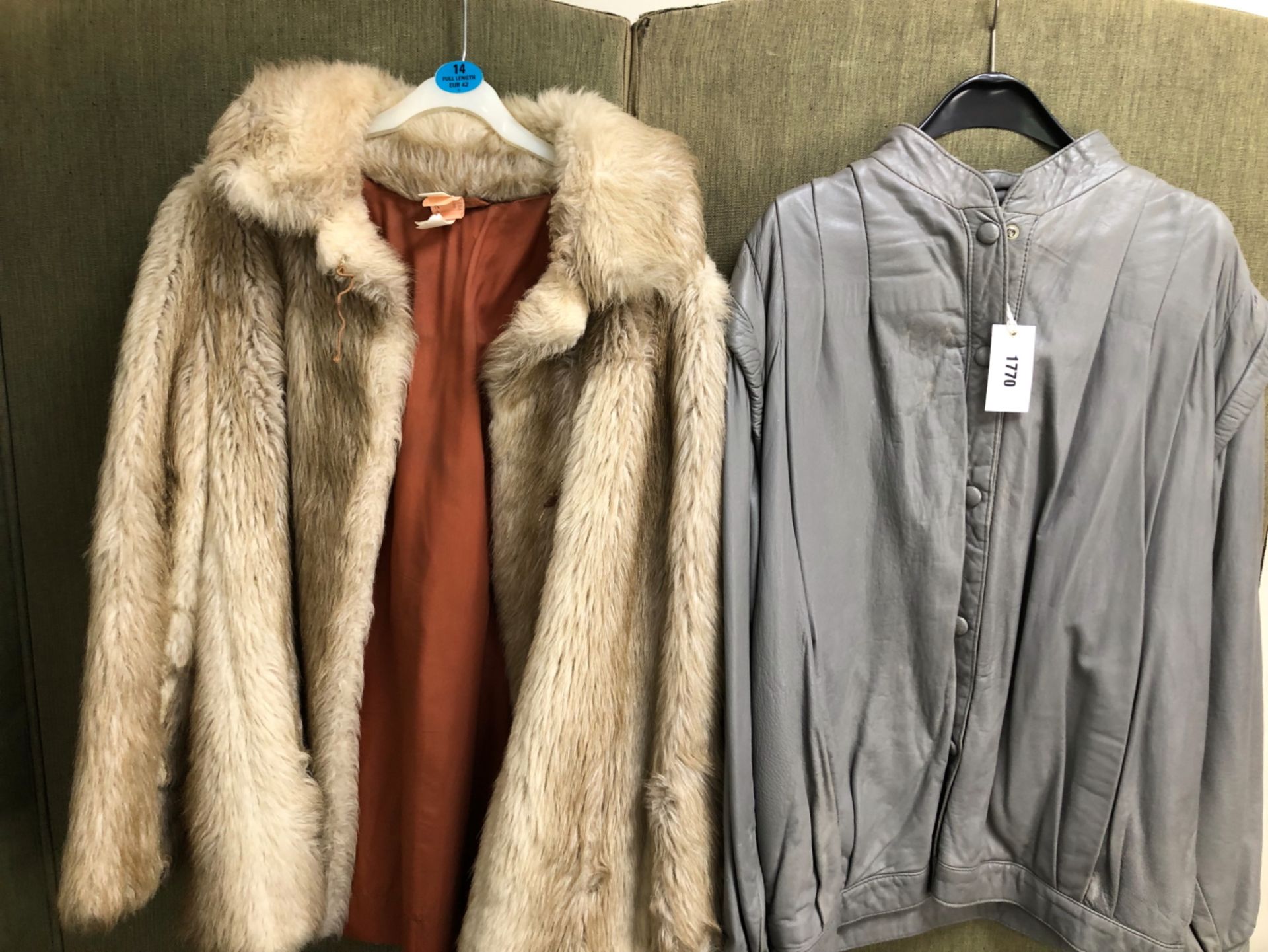 JACKET, GREY LEATHER, SIZE 14 AND A JACKET, B.Y LUXURIOUS SIMULATED FUR TERRACOTTA LINED GREY/