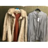 JACKET, GREY LEATHER, SIZE 14 AND A JACKET, B.Y LUXURIOUS SIMULATED FUR TERRACOTTA LINED GREY/