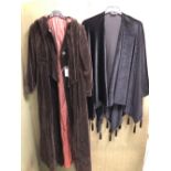 A FRANK USHER VELVET CAPE WITH TASSEL TRIM AND A MONO MADE IN ENGLAND BROWN VELVET HOODED LONG