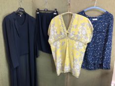 A JAEGER LONDON YELLOW SILK BLOUSE WITH BLACK AND WHITE PRINT, TOGETHER WITH A NAVY BLUE VALENTINO