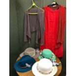 A M&S COLLECTION BURNT ORANGE DRESS SIZE 10, TWO LIGHT WEIGHT MESH STYLE CARDIGANS AND FOUR HATS