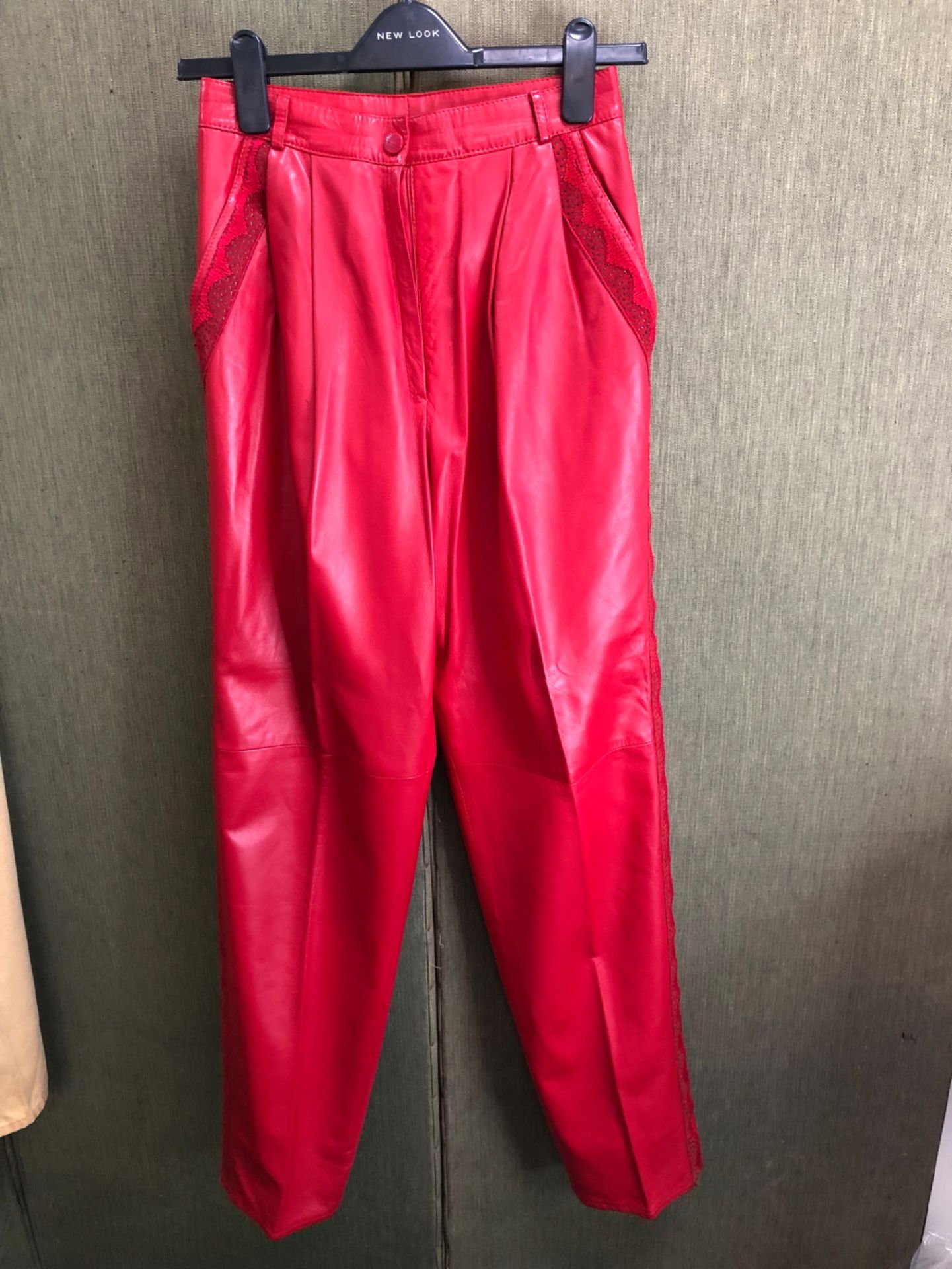 A PAIR OF AMORETTI ITALY RED LEATHER EFFECT TROUSERS WITH DETAIL RUNNING DOWN THE OUTER LEG, - Image 7 of 21