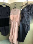 DRESSES. A LYDIA CARLTON FRENCH BLACK DRESS WITH VELVET PANELS SIZE 42, TOGETHER WITH A BLACK