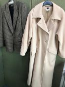 A MADELEINE LAMBS WOOL AND ANGORA LONG COAT SIZE US 12 TOGETHER WITH A ZARA TWEED BLAZER SUEDE ELBOW