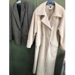 A MADELEINE LAMBS WOOL AND ANGORA LONG COAT SIZE US 12 TOGETHER WITH A ZARA TWEED BLAZER SUEDE ELBOW