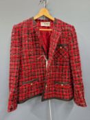 LADIES SUIT. MARTHE HELLY. BORDEAUX. A TWO PART JACKET AND SKIRT SUITE, BLACK AND RED CHECK.