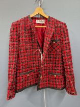 LADIES SUIT. MARTHE HELLY. BORDEAUX. A TWO PART JACKET AND SKIRT SUITE, BLACK AND RED CHECK.