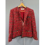 LADIES SUIT. MARTHE HELLY. BORDEAUX. A TWO PART JACKET AND SKIRT SUITE, BLACK AND RED CHECK.