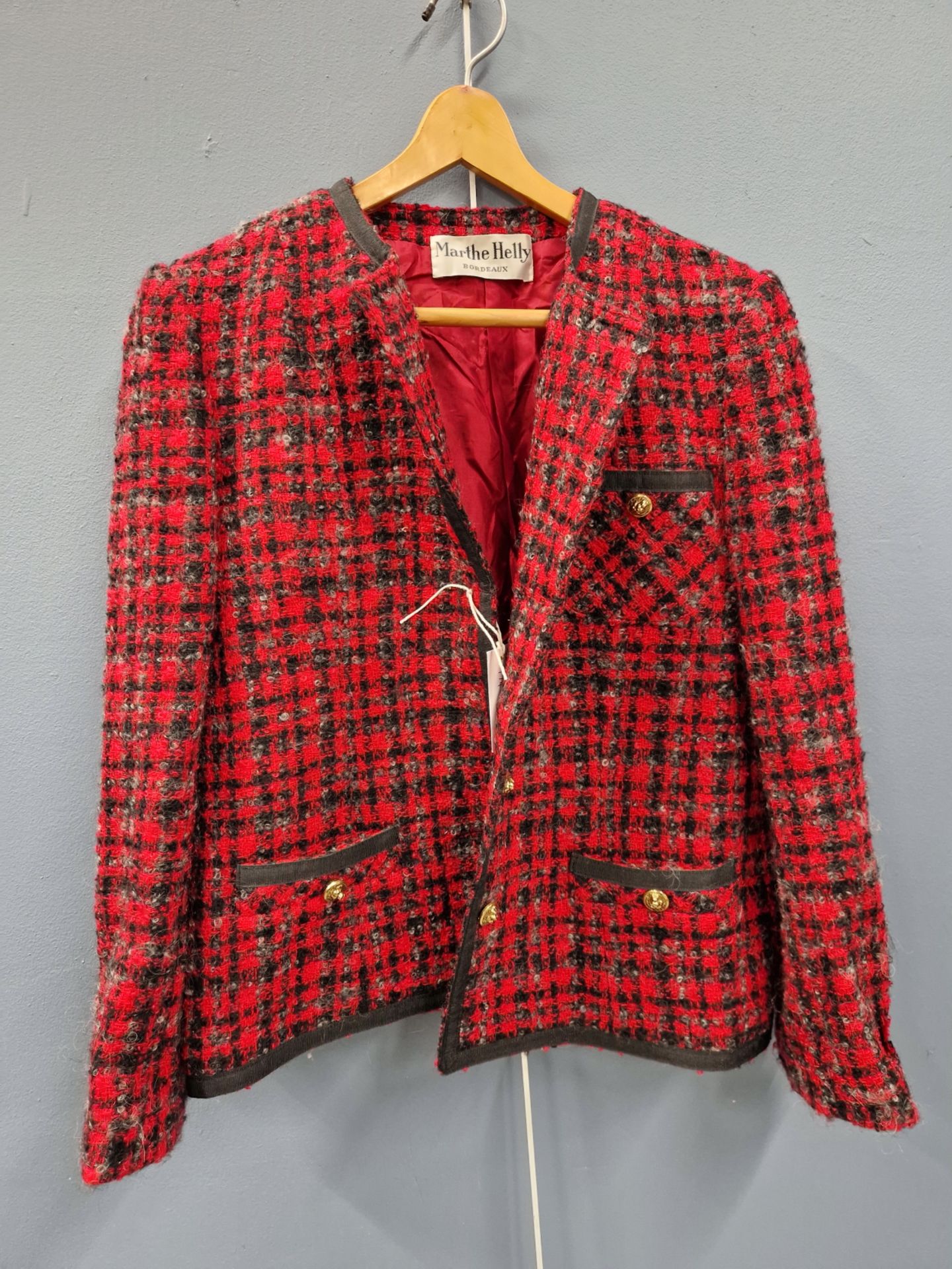 LADIES SUIT. MARTHE HELLY. BORDEAUX. A TWO PART JACKET AND SKIRT SUITE, BLACK AND RED CHECK.