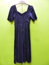 DRESS. A LAURA ASHLEY ROYAL BLUE VELVET EVENING DRESS, SIZE 12