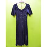 DRESS. A LAURA ASHLEY ROYAL BLUE VELVET EVENING DRESS, SIZE 12