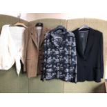 THREE BLAZERS TO INCLUDE A BLOOMINGS XL KNITTED BLAZER, A ESSENCE SAHZA BLACK BLAZER SIZE 14 AND