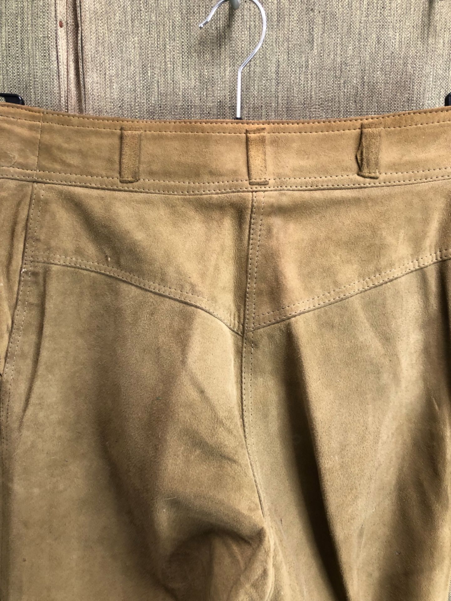 TWO PAIRS OF PATTI SEARLE PALE GREEN FLARED SUEDE TROUSERS ONE 38 INCH HE OTHER 34 INCH, TOGETHER - Image 16 of 26