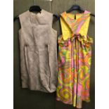 DRESS. A 1960'S PINK, ORANGE AND YELLOW DRESS, LENGTH 92cms, PIT TO PIT 34cms, AND AN ITALIAN ANGELA