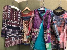 A DESIGUAL MULTI COLOURED MULTI PATTERNED MULTI PRINT COAT SIZE 42, TOGETHER WITH TWO TUNIC