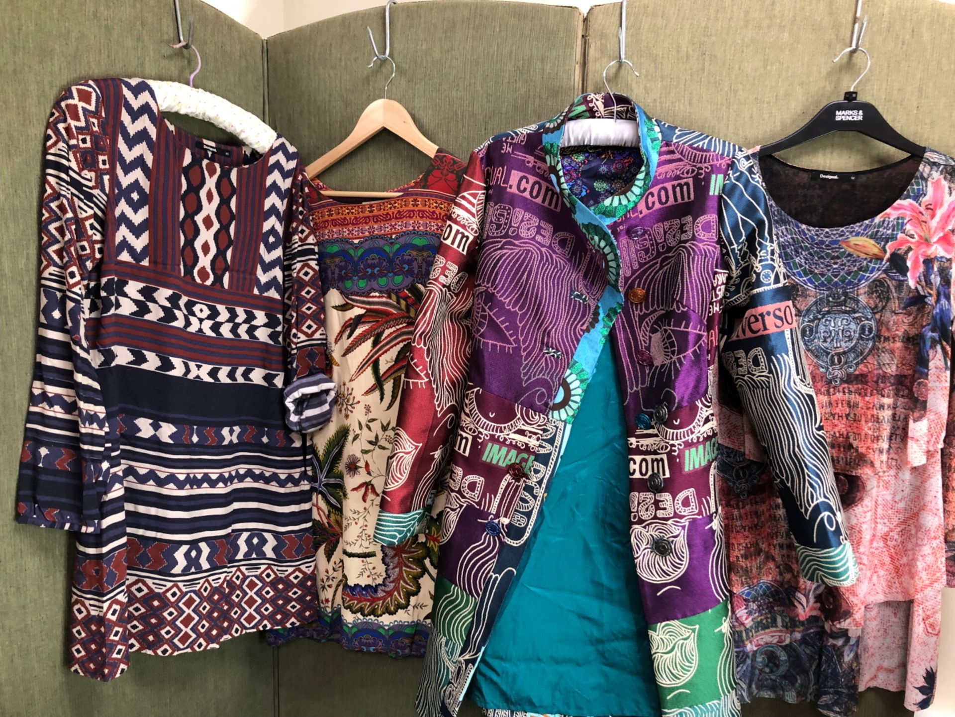 A DESIGUAL MULTI COLOURED MULTI PATTERNED MULTI PRINT COAT SIZE 42, TOGETHER WITH TWO TUNIC