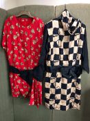 TWO 1980's STYLE DRESSES ONE GOLD AND BLACK FLORAL CHECK SHOULDER TO CUFF 54cm SHOULDER TO HEN 105cm