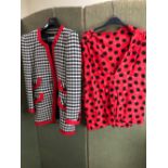 A MARIO BORSATO BLACK AND WHITE CHECKED LADIES BLAZER WITH RED TRIM SIZE 44, TOGETHER WITH A MARIO