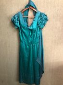 DRESS AND SCARF: AN OSSIE CLARK GREEN SILK, SHORT PUFFED SLEEVES, ARMPIT TO ARMPIT 35, SHOULDER TO