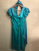 DRESS AND SCARF: AN OSSIE CLARK GREEN SILK, SHORT PUFFED SLEEVES, ARMPIT TO ARMPIT 35, SHOULDER TO