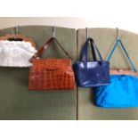 BAGS. A BAG CRAFT OF LONDON BLUE LEATHER BAG, TOGETHER WITH A CROCODILE EFFECT BROWN HANDBAG AND TWO