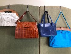BAGS. A BAG CRAFT OF LONDON BLUE LEATHER BAG, TOGETHER WITH A CROCODILE EFFECT BROWN HANDBAG AND TWO
