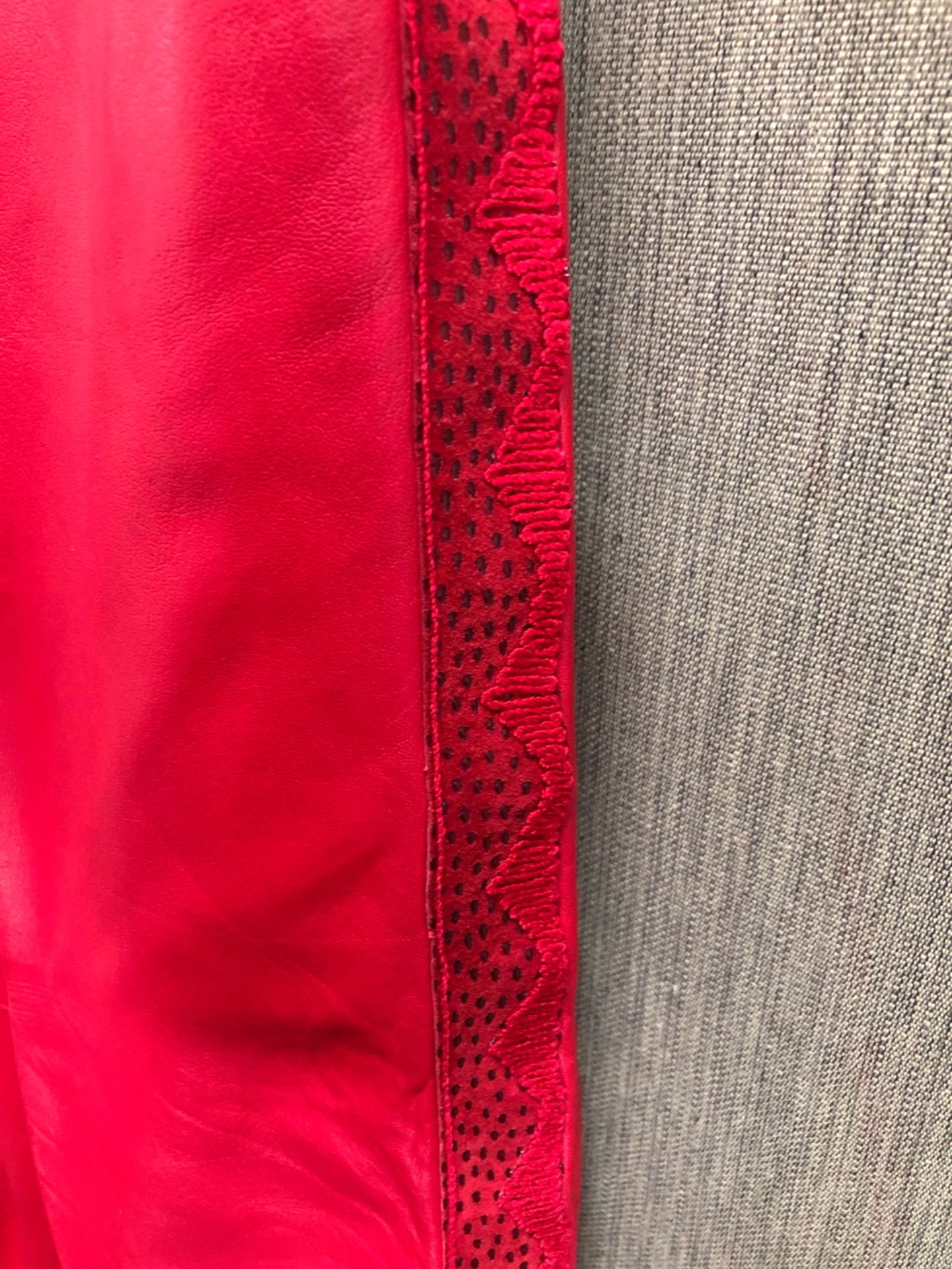 A PAIR OF AMORETTI ITALY RED LEATHER EFFECT TROUSERS WITH DETAIL RUNNING DOWN THE OUTER LEG, - Image 10 of 21