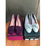 SHOES: A PAIR OF PURPLE SUEDE LUCIANO BARACHINI SHOES EU SIZE 38, TOGETHER WITH A PALE GREEN LAURA