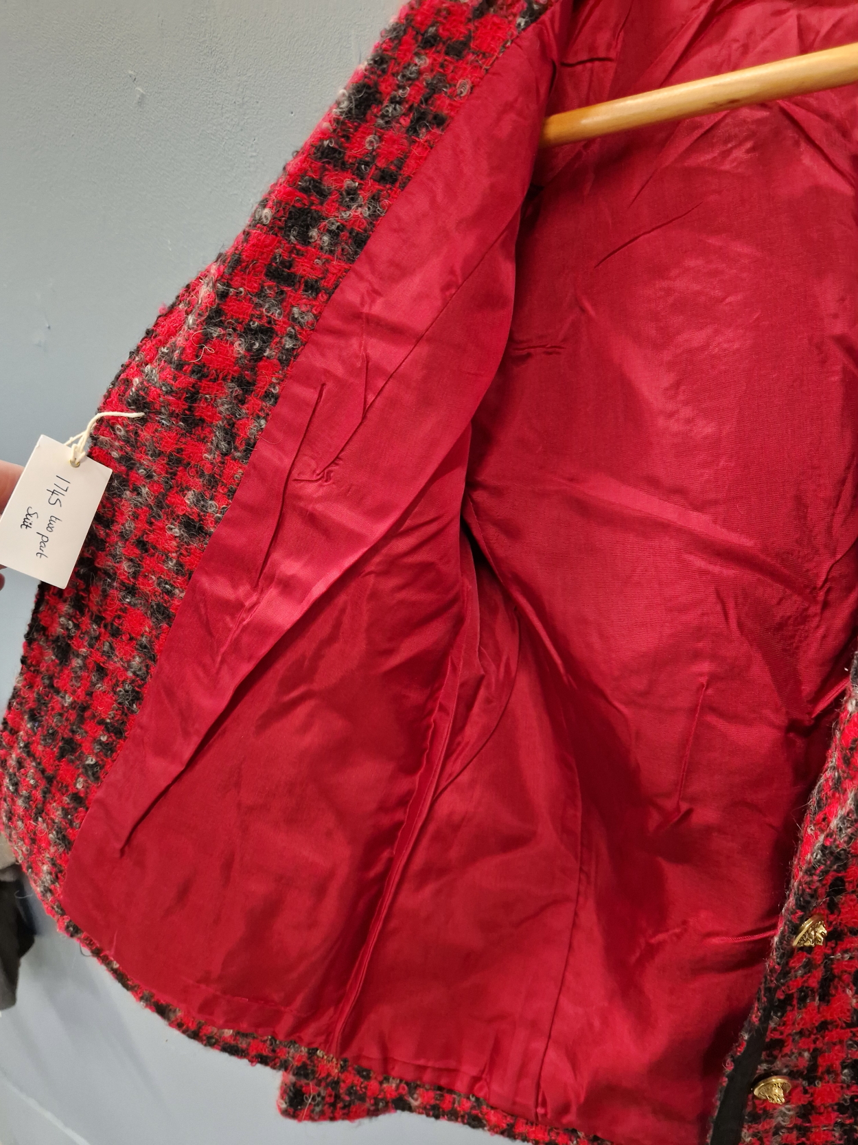 LADIES SUIT. MARTHE HELLY. BORDEAUX. A TWO PART JACKET AND SKIRT SUITE, BLACK AND RED CHECK. - Image 3 of 7