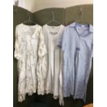 THREE LINEN SUMMER DRESSES, BY PUNO LINO A STRIPED SIZE MED, A CREAM WITH BEIGE FLOWERS AND A