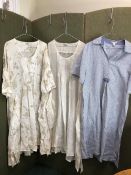 THREE LINEN SUMMER DRESSES, BY PUNO LINO A STRIPED SIZE MED, A CREAM WITH BEIGE FLOWERS AND A