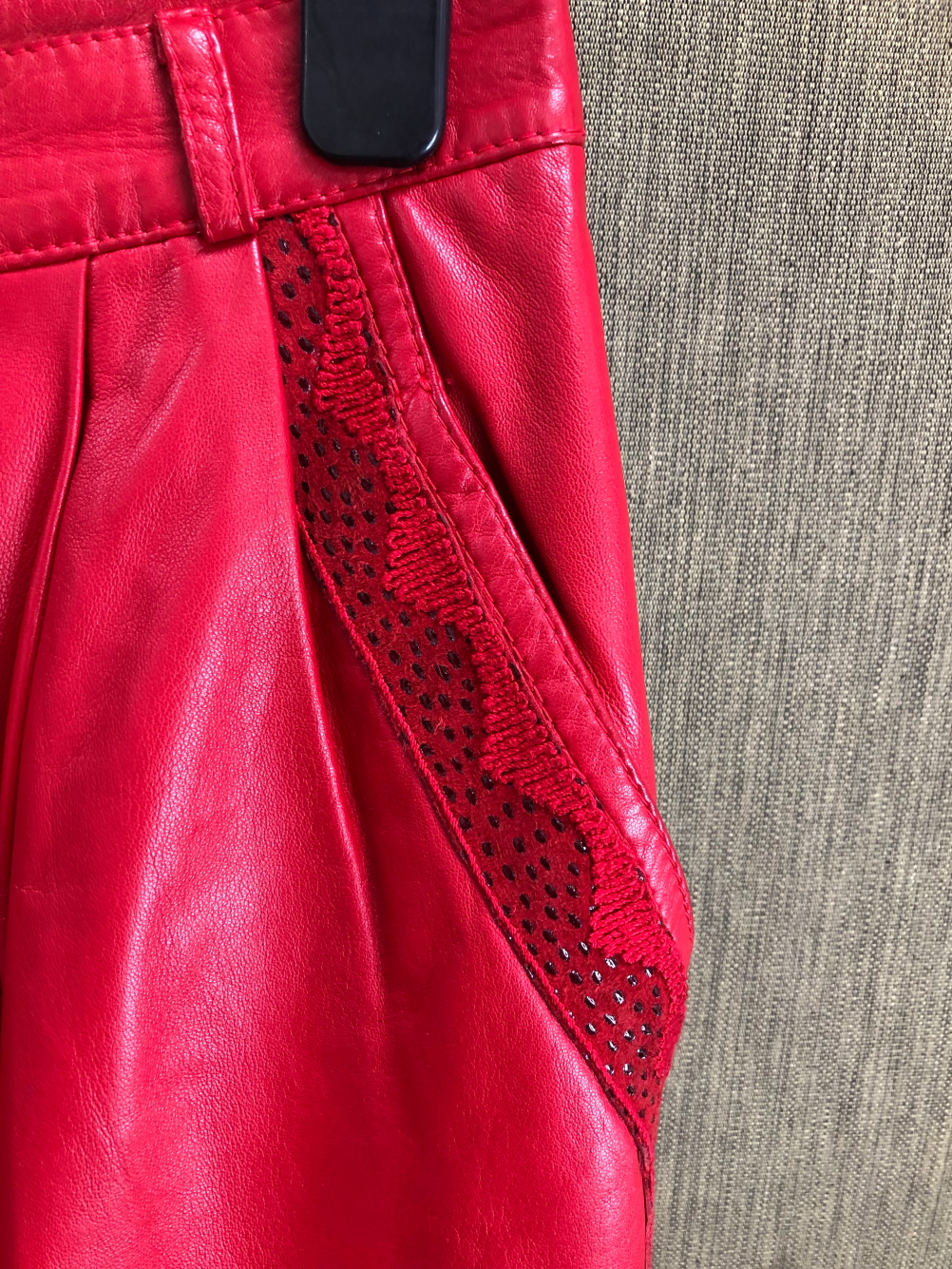 A PAIR OF AMORETTI ITALY RED LEATHER EFFECT TROUSERS WITH DETAIL RUNNING DOWN THE OUTER LEG, - Image 8 of 21