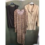 A SAMOON TAN SUEDE JACKET/SHIRT TOGETHER WITH A ISADORA ANIMAL PRINT LONG DRESS AND MATCHING