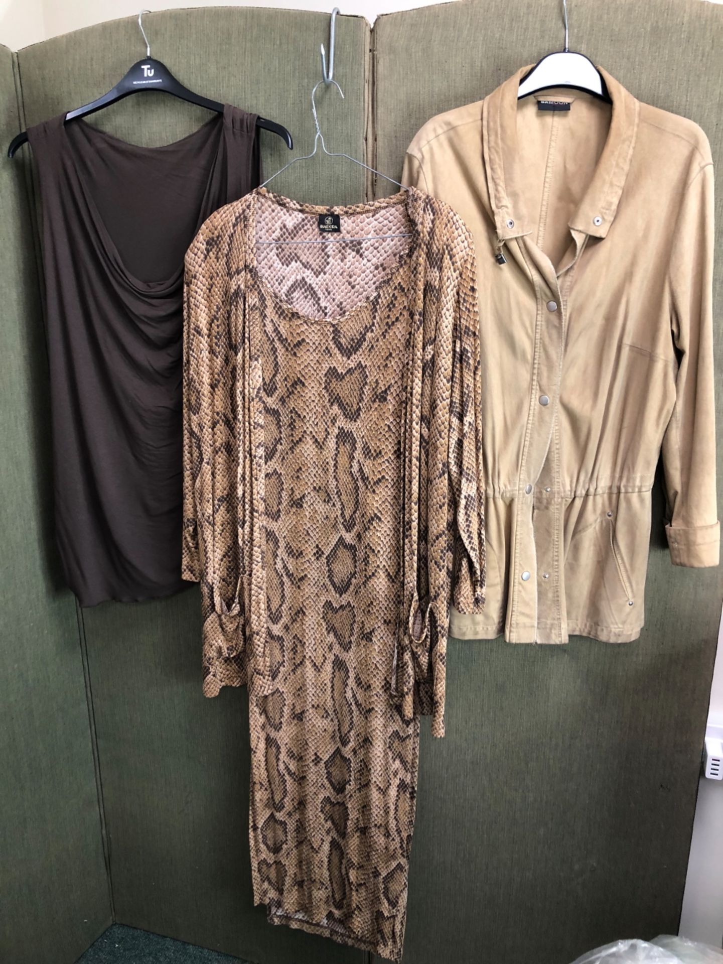 A SAMOON TAN SUEDE JACKET/SHIRT TOGETHER WITH A ISADORA ANIMAL PRINT LONG DRESS AND MATCHING