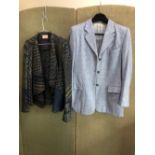 A BA & SH GREEN AND BLUE KNOTTED CARDIGAN, TOGETHER WITH A RITZ SADDLER ITALY BLUE TWEED JACKET 100%