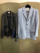 A BA & SH GREEN AND BLUE KNOTTED CARDIGAN, TOGETHER WITH A RITZ SADDLER ITALY BLUE TWEED JACKET 100%
