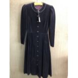 DRESS: ANNA BELINDA, BLACK VELVET, SLEEVE LENGTH 40cms, NECK TO HEM 117cms, ARMPIT TO ARMPIT 42cms.