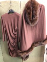 A MARIO BORSATO LONG SLEEVE SIDE RUFFLE BROWN DRESS SIZE 44, WITH A FAUX FUR COLLARED PONCHO ALSO BY