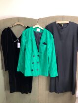 DRESS: PRINCIPLES, BLACK VELVET, SIZE 14, A JANE HAMILTON, BLACK STRIPED GREEN WITH BLACK JACKET