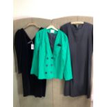 DRESS: PRINCIPLES, BLACK VELVET, SIZE 14, A JANE HAMILTON, BLACK STRIPED GREEN WITH BLACK JACKET