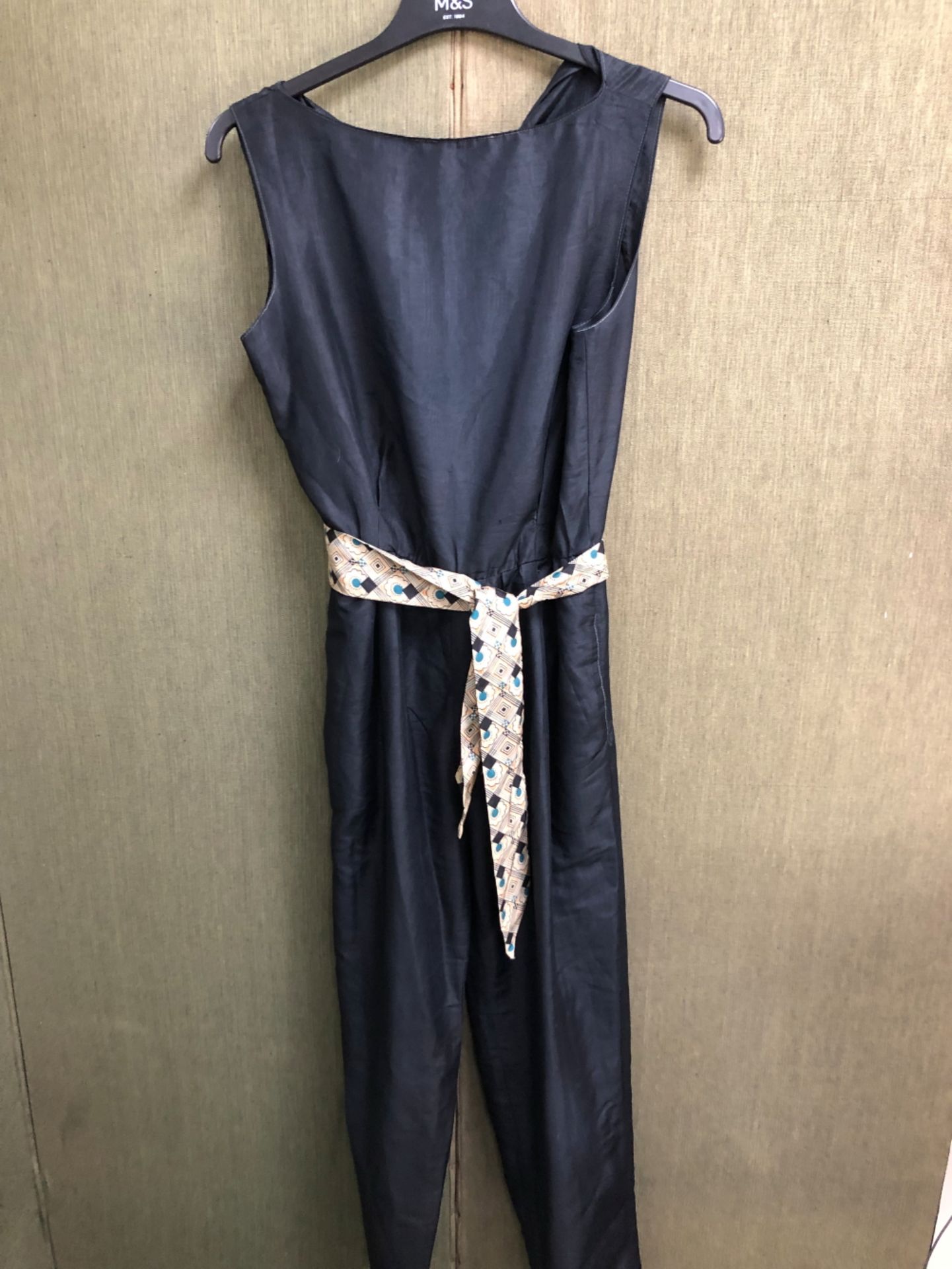 A JOSEPH RIBKOFF BLACK VELVET MIDI DRESS, UK SIZE 12, AND A BLACK SILK JUMP SUIT, PIT TO PIT - Image 7 of 9