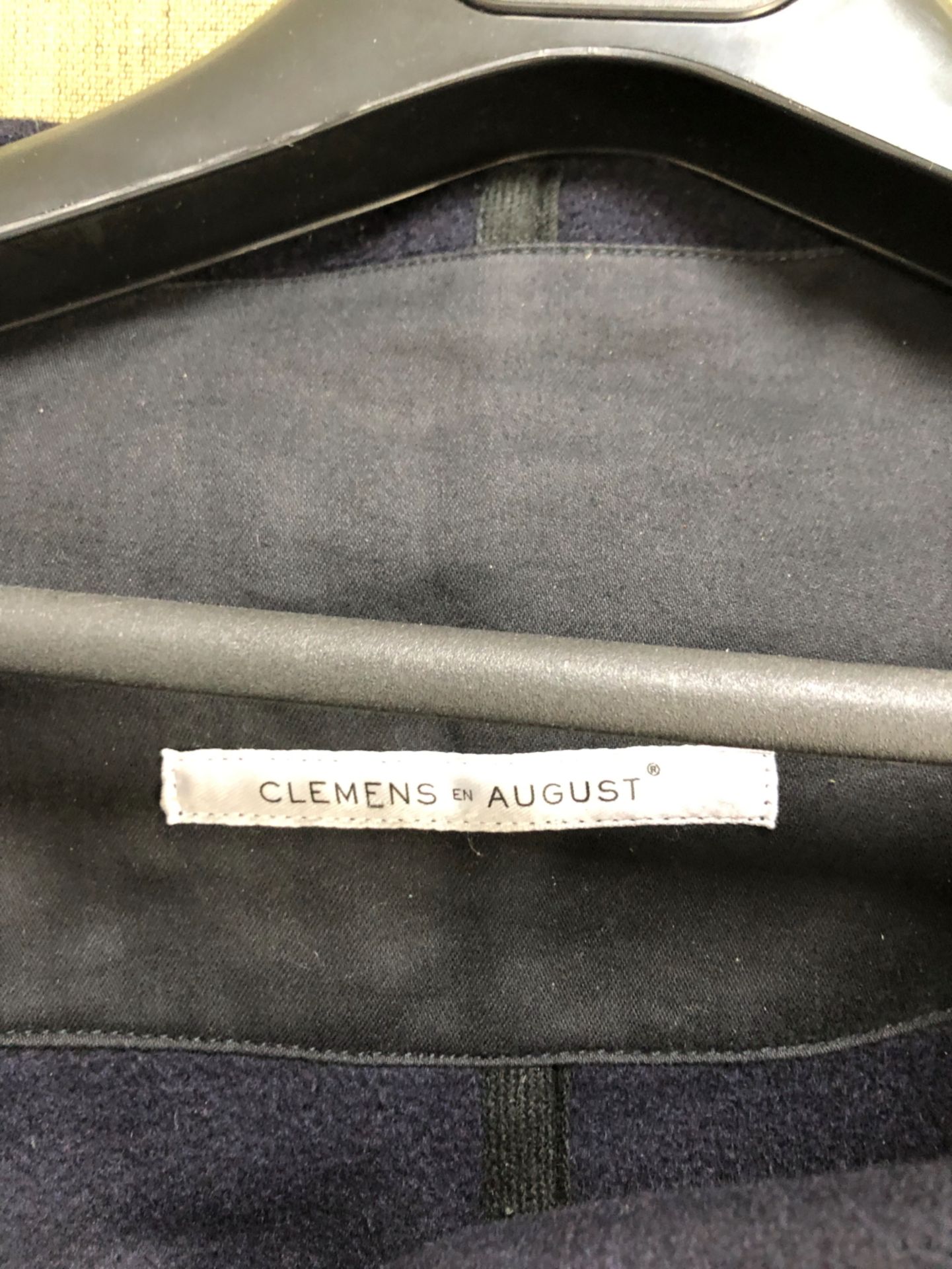 COAT: CLEMENS EN AUGUST NAVY BLUE CASHMERE AND LEATHER PANELS ON ARMS. LABEL STATES SIZE EUR 42. - Image 2 of 7