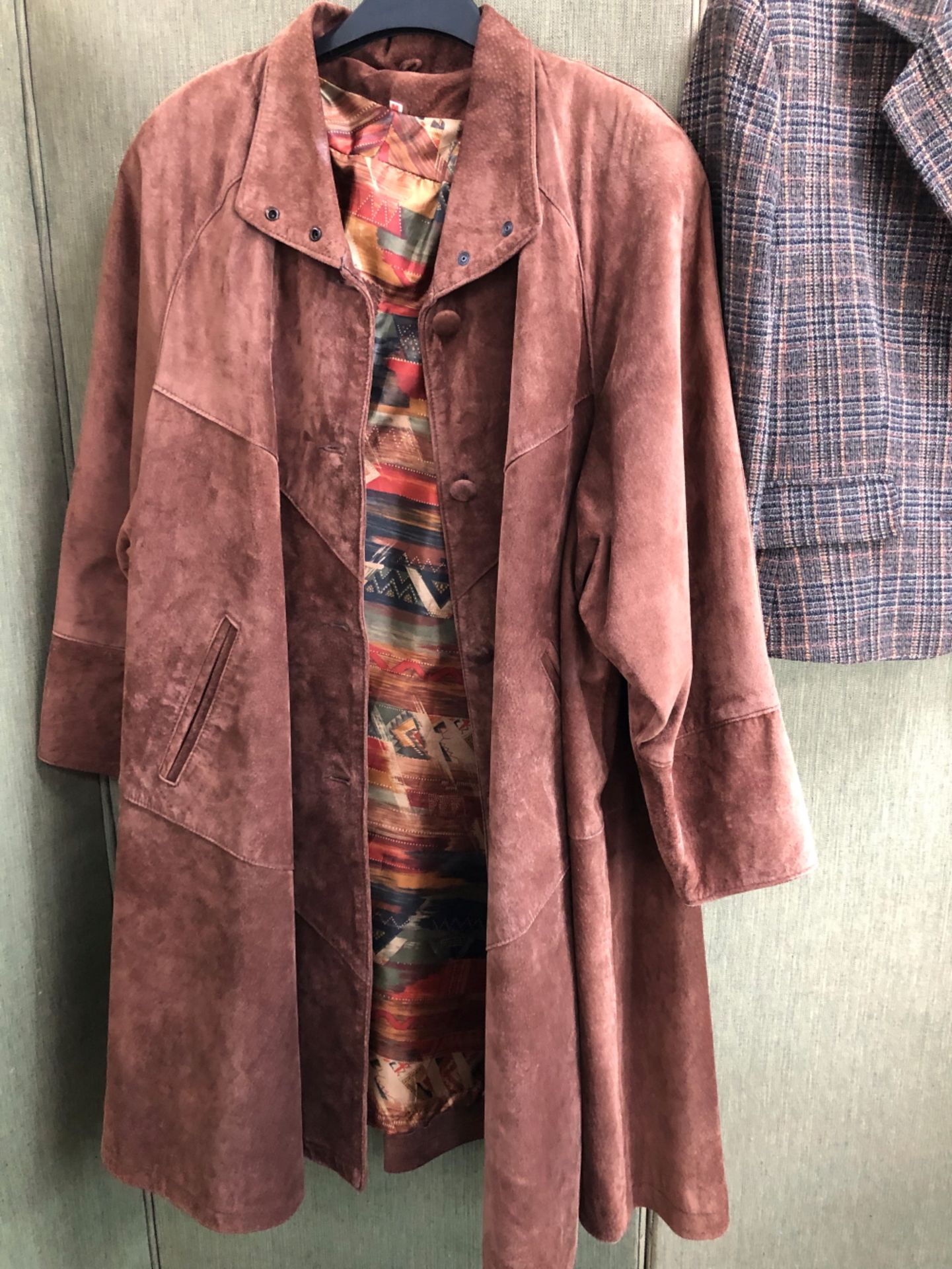 COATS: A LONG BROWN SUEDE COAT SIZE MED, TOGETHER WITH A SHORT PAUL COSTELLOE DRESSAGE TWEED - Image 9 of 11