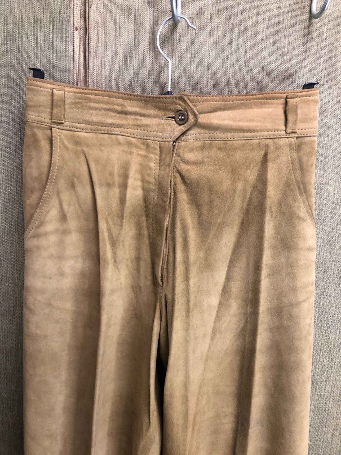 TWO PAIRS OF PATTI SEARLE PALE GREEN FLARED SUEDE TROUSERS ONE 38 INCH HE OTHER 34 INCH, TOGETHER - Image 15 of 26