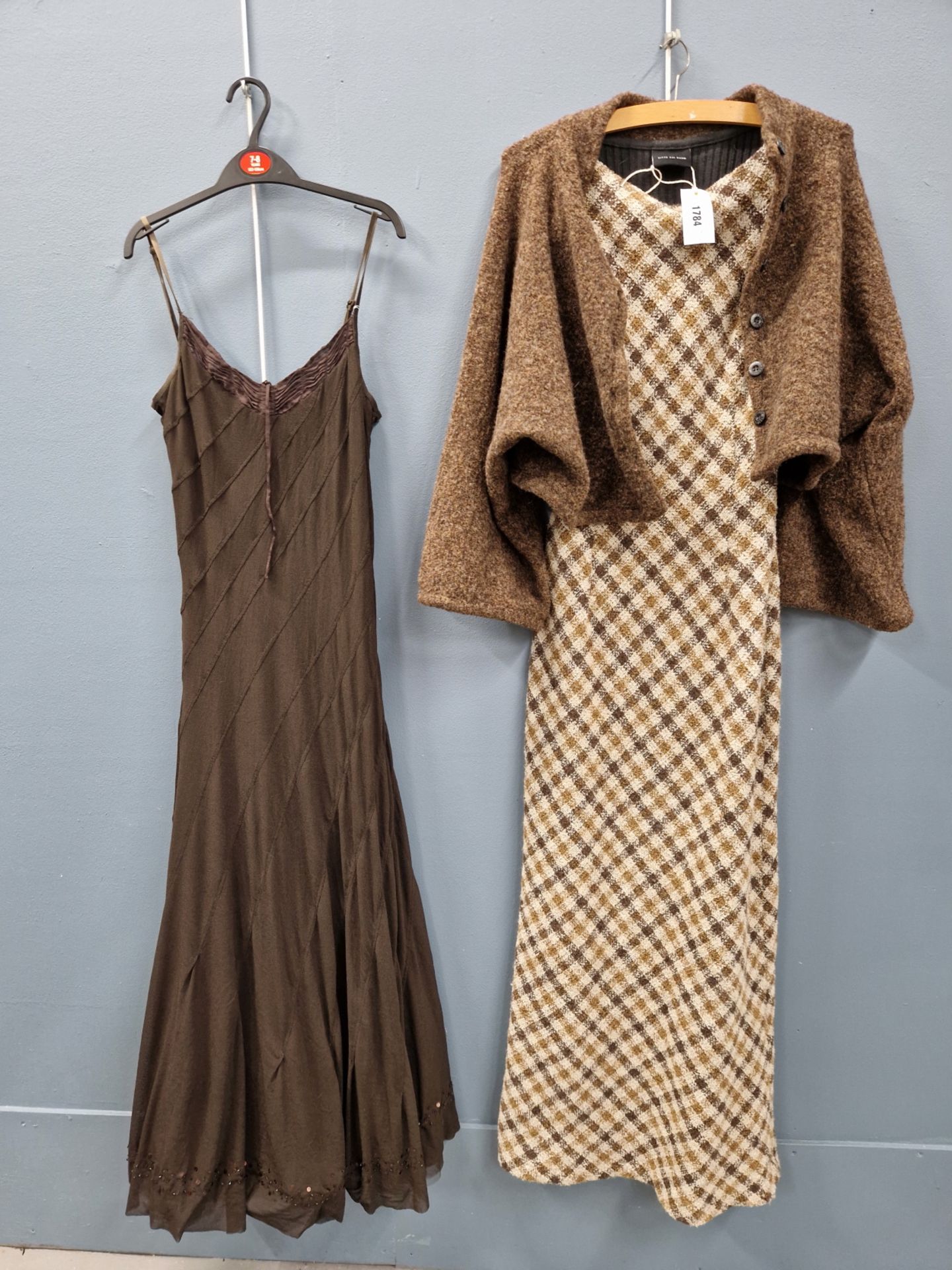 A BITTE KAI RAND BROWN CHECK FULL LENGTH DRESS AND CARDIGAN SUITE, AND A FULL LENGTH BROWN TULLE