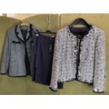 TWO RENA LANGE BLAZERS AND A SKIRT, A BLUE TWEED WITH FUR TRIM, GB 44, THE OTHER NAVY AND WHITE