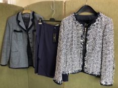 TWO RENA LANGE BLAZERS AND A SKIRT, A BLUE TWEED WITH FUR TRIM, GB 44, THE OTHER NAVY AND WHITE