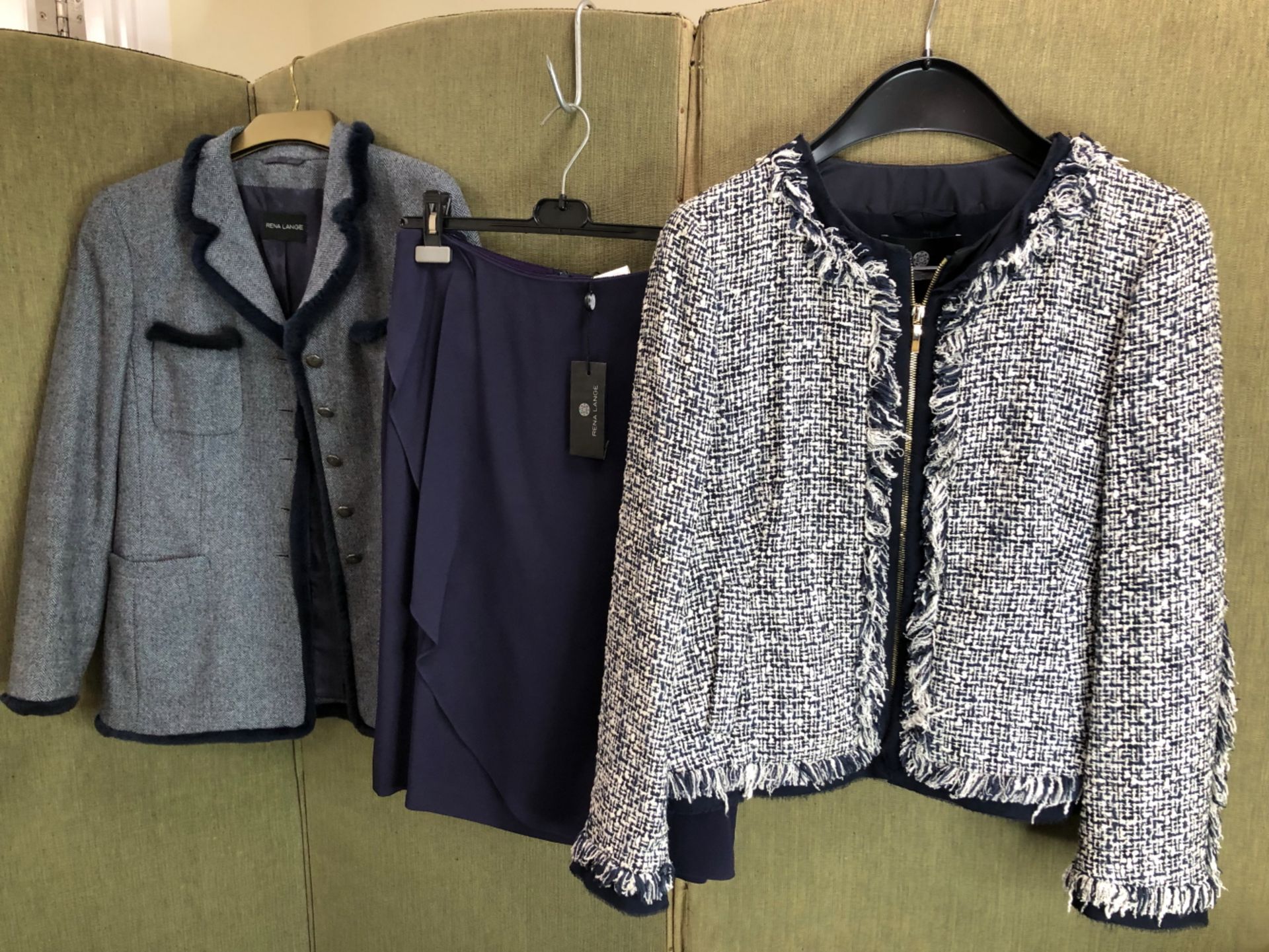 TWO RENA LANGE BLAZERS AND A SKIRT, A BLUE TWEED WITH FUR TRIM, GB 44, THE OTHER NAVY AND WHITE