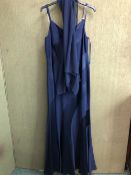 A MUSANI COUTURE TWO TONED LONG NAVY EVENING DRESS WITH DIAMANTE DETAIL TO STRAPS UK 14 COMPLETE
